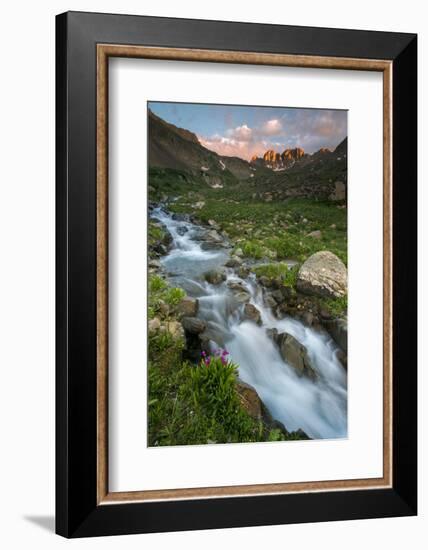 Colorado, Rocky Mountain Sunset in American Basin with Stream and Alpine Wildflowers-Judith Zimmerman-Framed Photographic Print