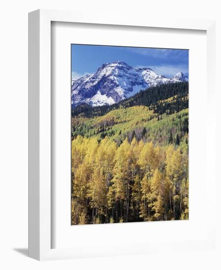 Colorado, Rocky Mts, Aspen Trees Below a Mountain Peak in Fall-Christopher Talbot Frank-Framed Photographic Print