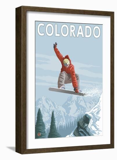 Colorado, Snowboarder Jumping-Lantern Press-Framed Premium Giclee Print