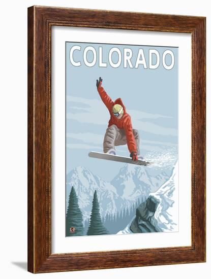 Colorado, Snowboarder Jumping-Lantern Press-Framed Premium Giclee Print