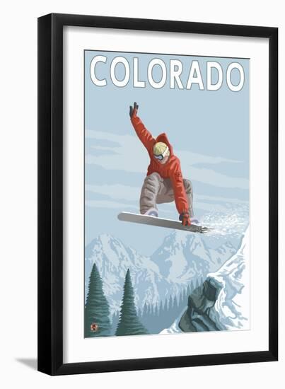 Colorado, Snowboarder Jumping-Lantern Press-Framed Premium Giclee Print