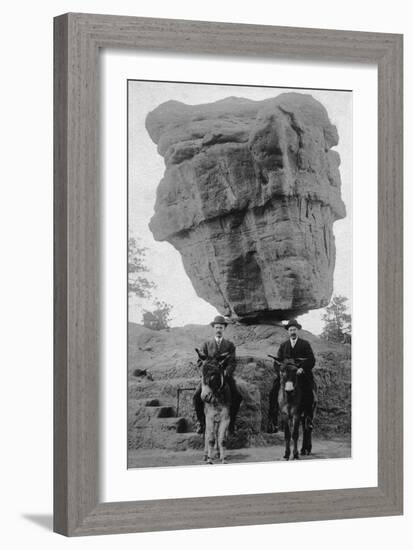 Colorado Springs, CO - Garden of Gods Balanced Rock, Men on Burros-Lantern Press-Framed Art Print