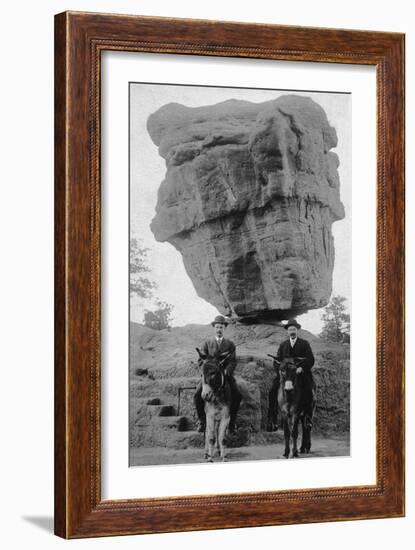 Colorado Springs, CO - Garden of Gods Balanced Rock, Men on Burros-Lantern Press-Framed Art Print