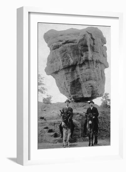 Colorado Springs, CO - Garden of Gods Balanced Rock, Men on Burros-Lantern Press-Framed Art Print