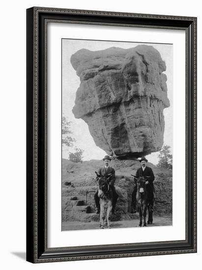 Colorado Springs, CO - Garden of Gods Balanced Rock, Men on Burros-Lantern Press-Framed Art Print