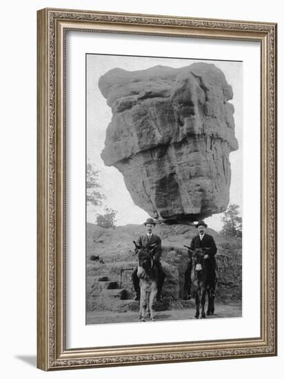 Colorado Springs, CO - Garden of Gods Balanced Rock, Men on Burros-Lantern Press-Framed Premium Giclee Print