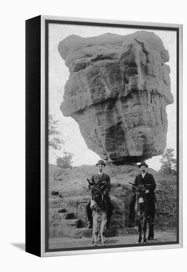 Colorado Springs, CO - Garden of Gods Balanced Rock, Men on Burros-Lantern Press-Framed Stretched Canvas