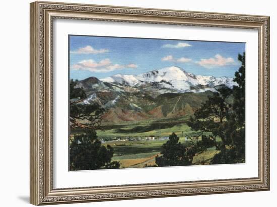 Colorado Springs, CO - Pikes Peak Towering Over Town-Lantern Press-Framed Art Print