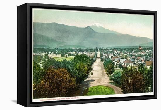 Colorado Springs, Colorado - Panoramic View of Town with Pikes Peak-Lantern Press-Framed Stretched Canvas