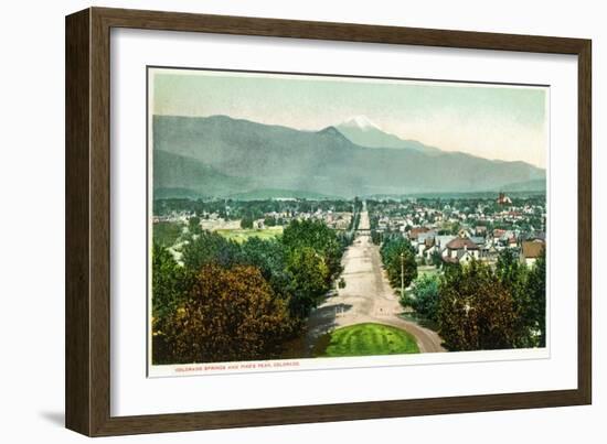 Colorado Springs, Colorado - Panoramic View of Town with Pikes Peak-Lantern Press-Framed Art Print