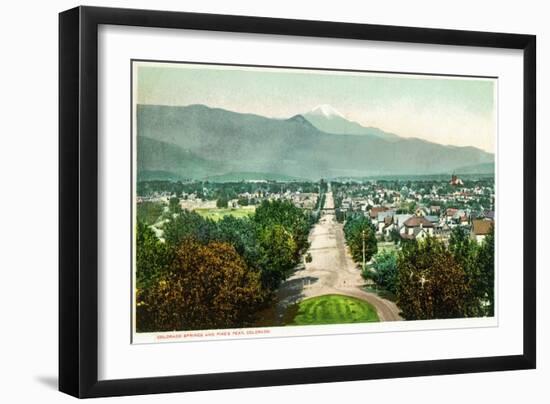 Colorado Springs, Colorado - Panoramic View of Town with Pikes Peak-Lantern Press-Framed Art Print