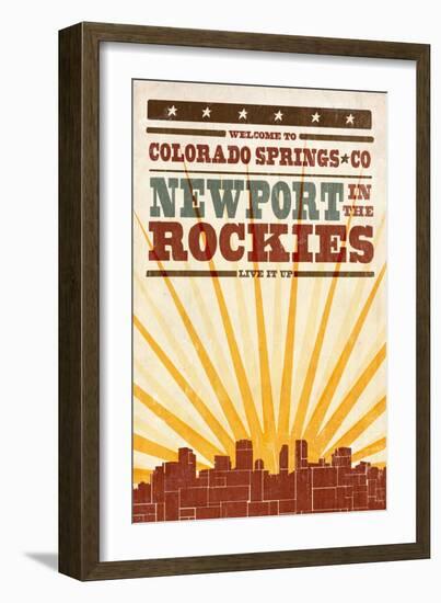 Colorado Springs, Colorado - Skyline and Sunburst Screenprint Style-Lantern Press-Framed Art Print