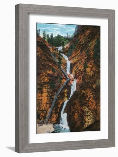 Colorado Springs, Colorado - South Cheyenne Canyon, Seven Falls View-Lantern Press-Framed Art Print