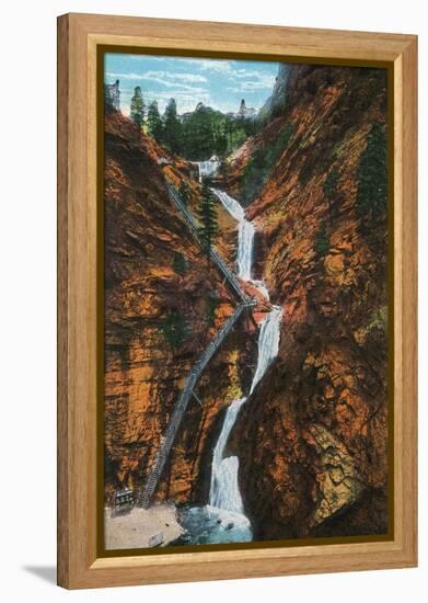 Colorado Springs, Colorado - South Cheyenne Canyon, Seven Falls View-Lantern Press-Framed Stretched Canvas