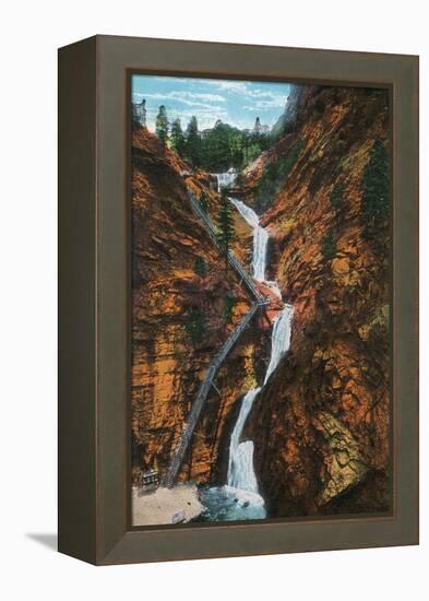 Colorado Springs, Colorado - South Cheyenne Canyon, Seven Falls View-Lantern Press-Framed Stretched Canvas