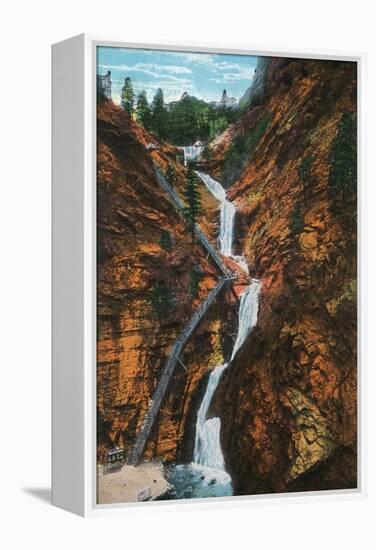 Colorado Springs, Colorado - South Cheyenne Canyon, Seven Falls View-Lantern Press-Framed Stretched Canvas