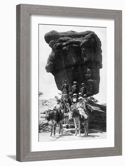 Colorado Springs, Colorado, View of Tourist at Balanced Rock, Ladies on Burros-Lantern Press-Framed Art Print