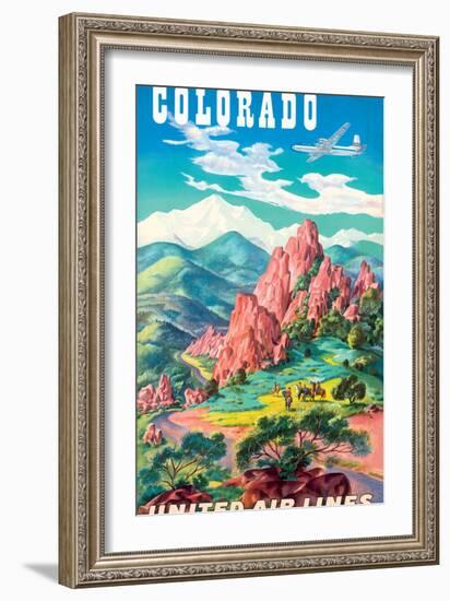 Colorado - United Air Lines, Vintage Airline Travel Poster, 1950s-Joseph Fehér-Framed Art Print