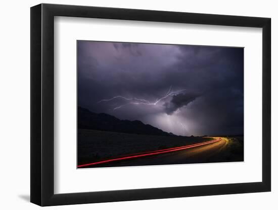 Colorado, Upper Arkansas River Valley. Lightning Stormover Vehicle Light Track-Jaynes Gallery-Framed Photographic Print