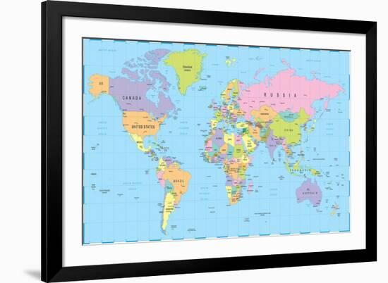 Colored World Map - Borders, Countries and Cities - Illustration-dikobraziy-Framed Art Print