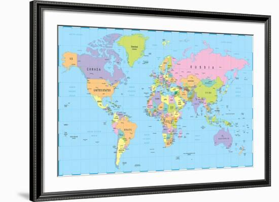 Colored World Map - Borders, Countries and Cities - Illustration-dikobraziy-Framed Art Print