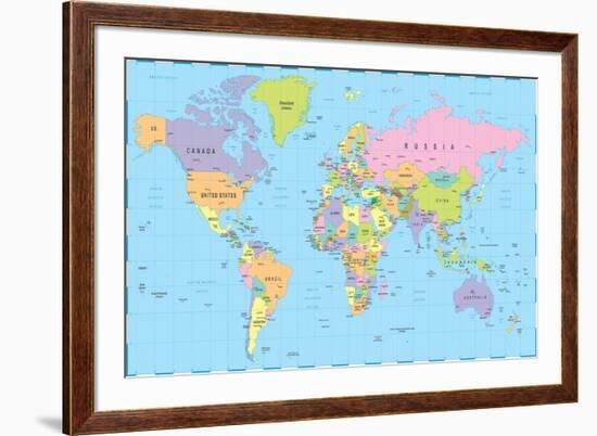 Colored World Map - Borders, Countries and Cities - Illustration-dikobraziy-Framed Art Print