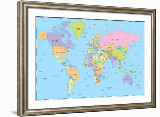 Colored World Map - Borders, Countries and Cities - Illustration-dikobraziy-Framed Art Print