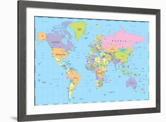 Colored World Map - Borders, Countries and Cities - Illustration-dikobraziy-Framed Art Print