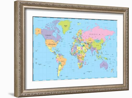 Colored World Map - Borders, Countries and Cities - Illustration-dikobraziy-Framed Art Print