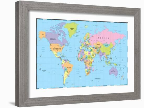 Colored World Map - Borders, Countries and Cities - Illustration-dikobraziy-Framed Art Print