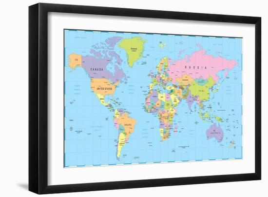 Colored World Map - Borders, Countries and Cities - Illustration-dikobraziy-Framed Art Print