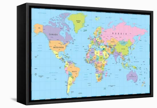 Colored World Map - Borders, Countries and Cities - Illustration-dikobraziy-Framed Stretched Canvas