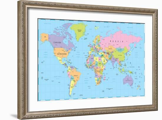 Colored World Map - Borders, Countries and Cities - Illustration-dikobraziy-Framed Art Print