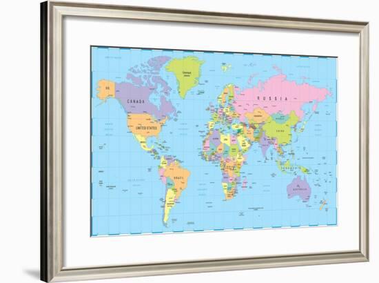 Colored World Map - Borders, Countries and Cities - Illustration-dikobraziy-Framed Art Print