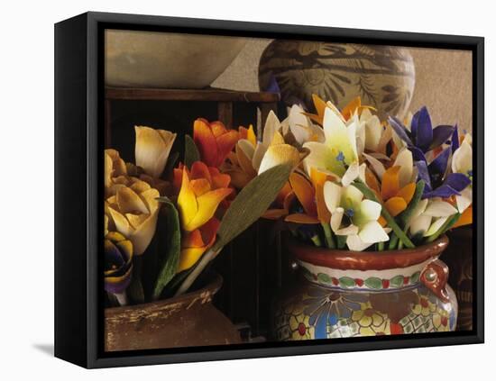 Colorful artificial flowers and pottery, Santa Fe, New Mexico, USA-Jerry Ginsberg-Framed Premier Image Canvas