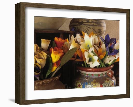 Colorful artificial flowers and pottery, Santa Fe, New Mexico, USA-Jerry Ginsberg-Framed Photographic Print