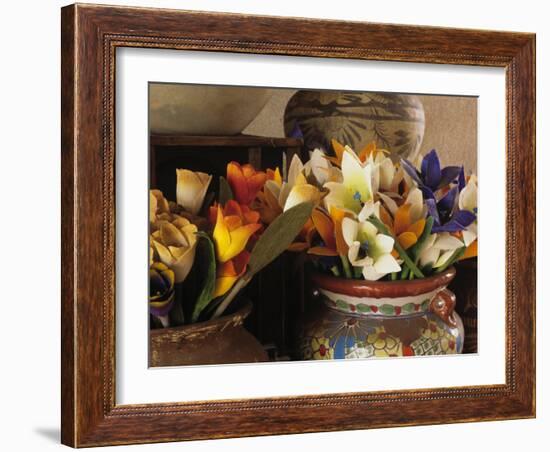 Colorful artificial flowers and pottery, Santa Fe, New Mexico, USA-Jerry Ginsberg-Framed Photographic Print