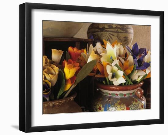 Colorful artificial flowers and pottery, Santa Fe, New Mexico, USA-Jerry Ginsberg-Framed Photographic Print