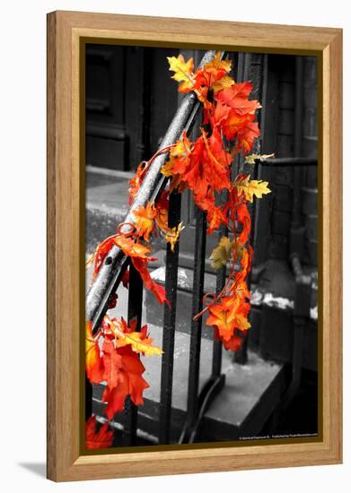 Colorful Autumn Leaves on Railing-null-Framed Stretched Canvas
