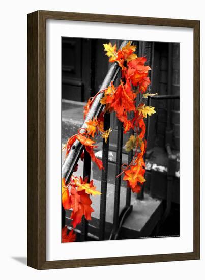 Colorful Autumn Leaves on Railing-null-Framed Photo