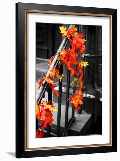 Colorful Autumn Leaves on Railing-null-Framed Photo