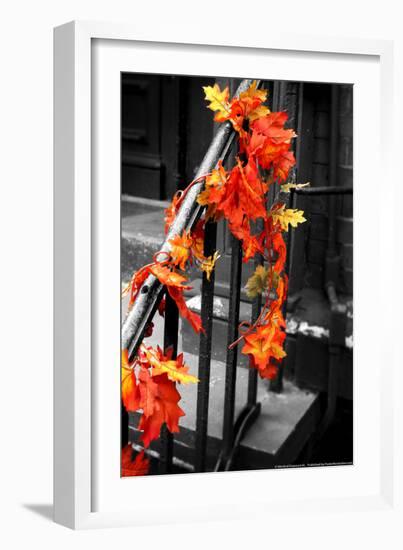 Colorful Autumn Leaves on Railing-null-Framed Photo