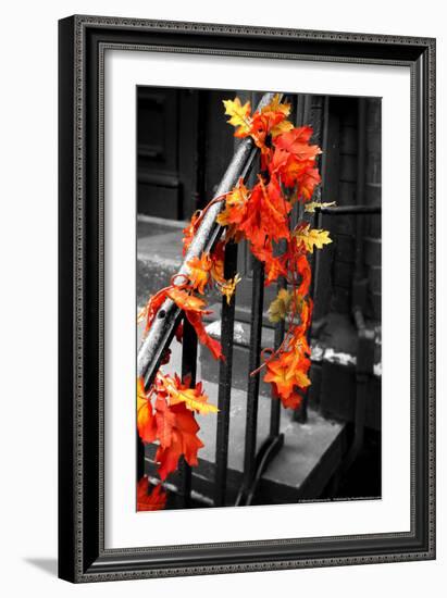 Colorful Autumn Leaves on Railing-null-Framed Photo