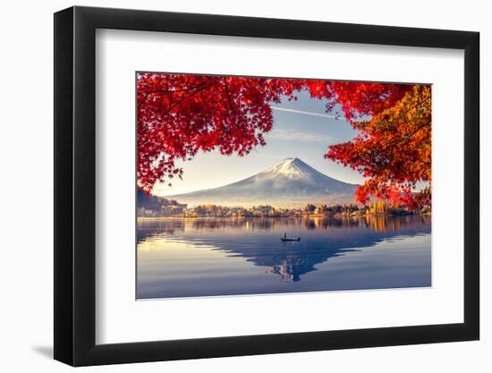 Colorful Autumn Season and Mountain Fuji with Morning Fog and Red Leaves at Lake Kawaguchiko is One-null-Framed Photographic Print