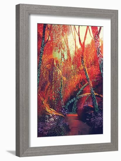 Colorful Autumnal Forest with Fantasy Trees,Scenery Illustration Painting-Tithi Luadthong-Framed Art Print