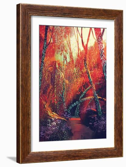 Colorful Autumnal Forest with Fantasy Trees,Scenery Illustration Painting-Tithi Luadthong-Framed Art Print