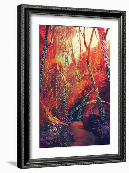 Colorful Autumnal Forest with Fantasy Trees,Scenery Illustration Painting-Tithi Luadthong-Framed Art Print