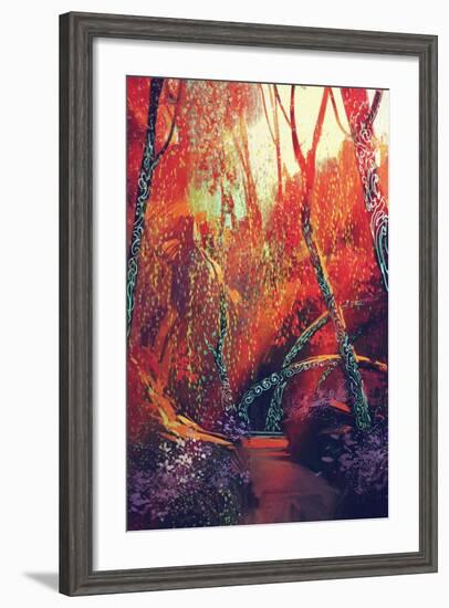 Colorful Autumnal Forest with Fantasy Trees,Scenery Illustration Painting-Tithi Luadthong-Framed Art Print