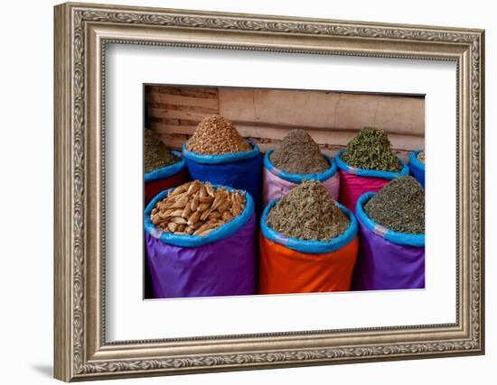 Colorful bags of spices for sale at the Medina Souk. Marrakech, Morocco.-Sergio Pitamitz-Framed Photographic Print