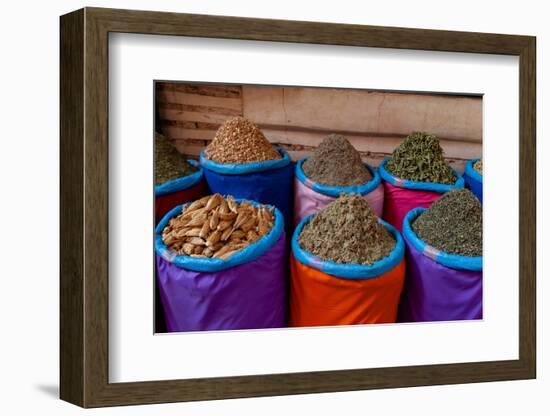 Colorful bags of spices for sale at the Medina Souk. Marrakech, Morocco.-Sergio Pitamitz-Framed Photographic Print